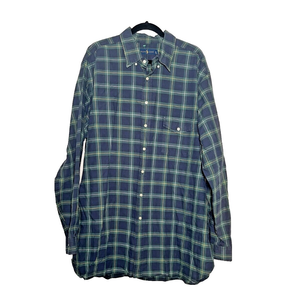 Ralph Lauren Shirt Men's 2XLT Blue Green Plaid Long Sleeve‎ Pocket